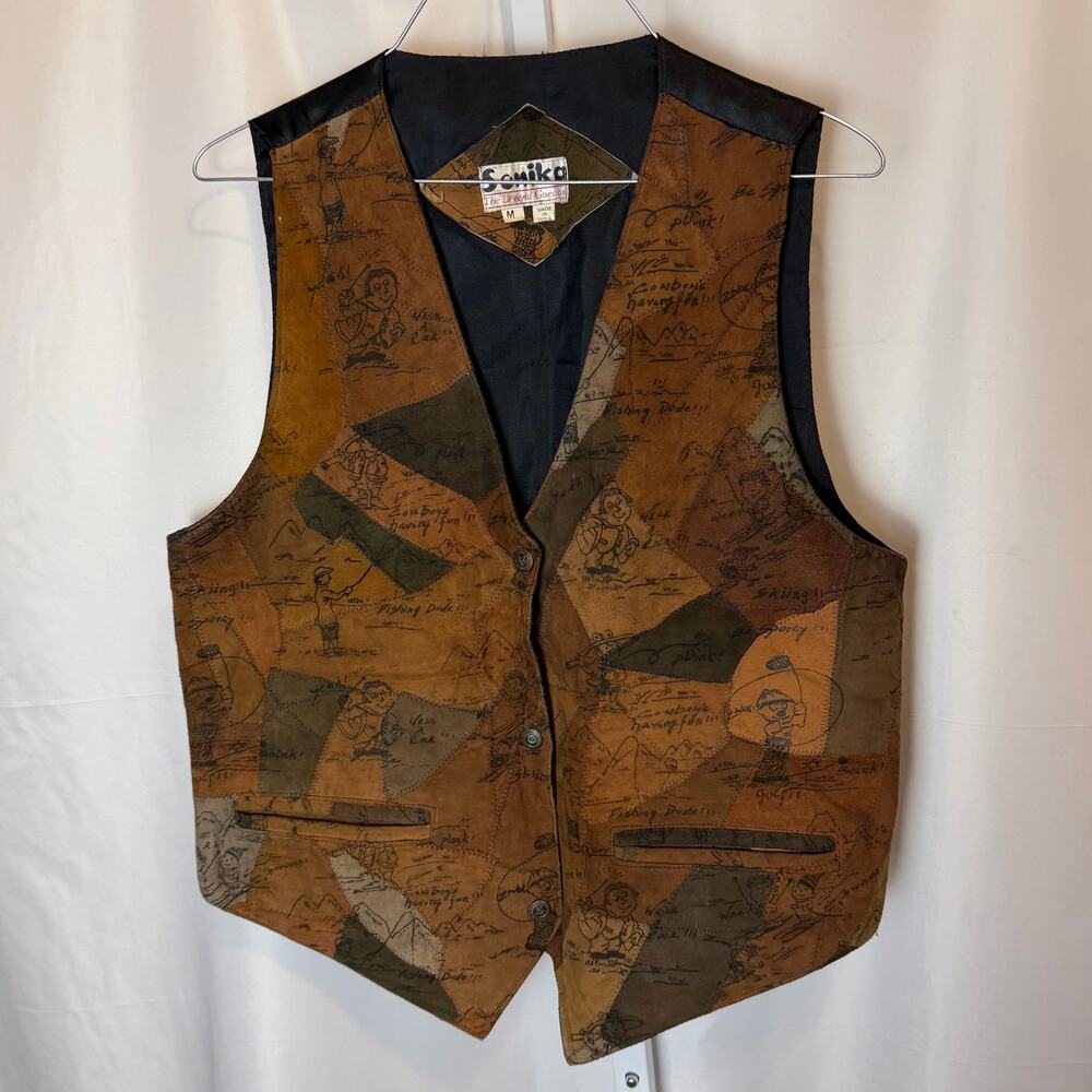 VTG 90s Sonika Patchwork Leather Vest M Novelty Cartoon Outdoor Art Folk Quirky